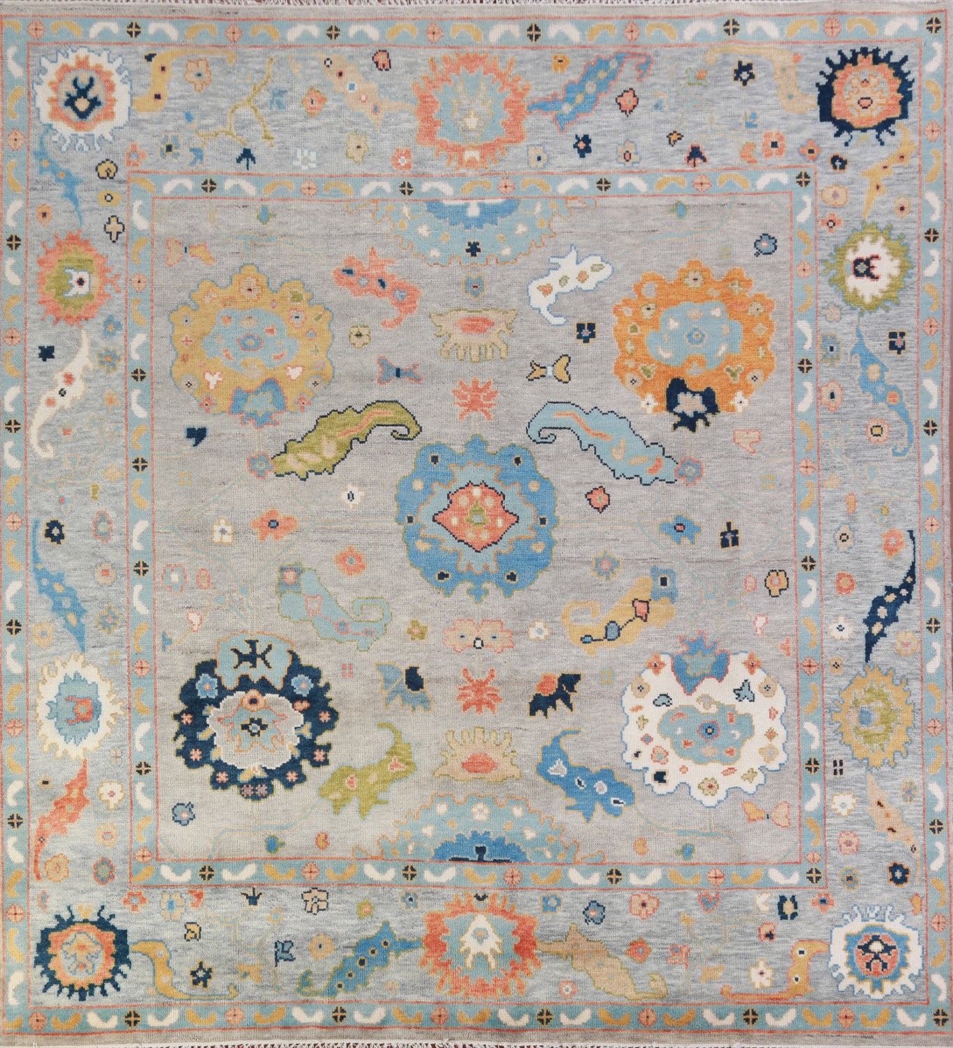 All-Over Floral Square Oushak Indian Area Rug 9x9