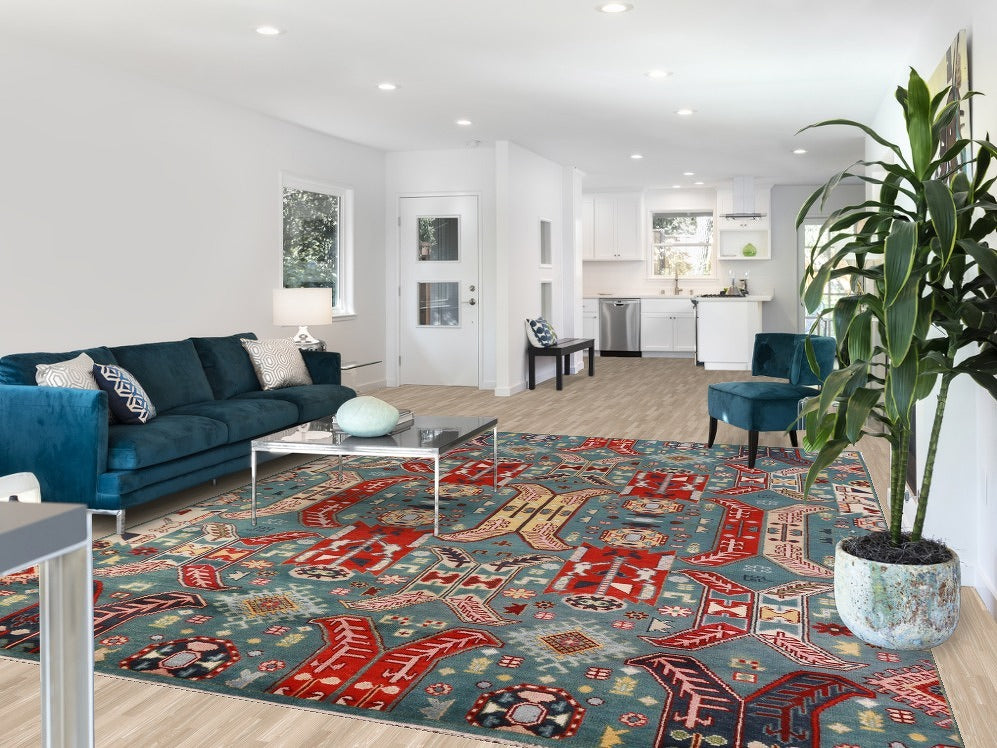 All-Over Geometric Kazak Oriental Area Rug 9x12