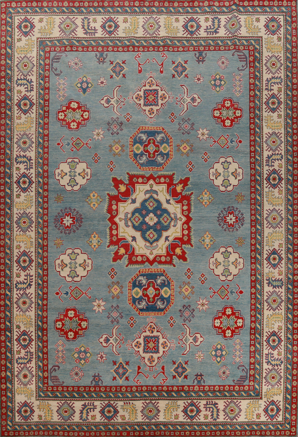 Light Blue Geometric Kazak Vegetable Dye Large Rug 10x14