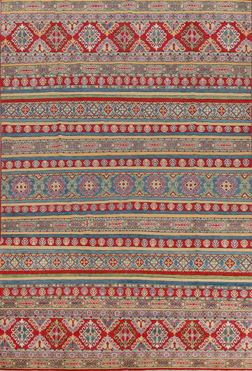 Vegetable Dye Striped Wool Kazak Oriental Area Rug 8x12
