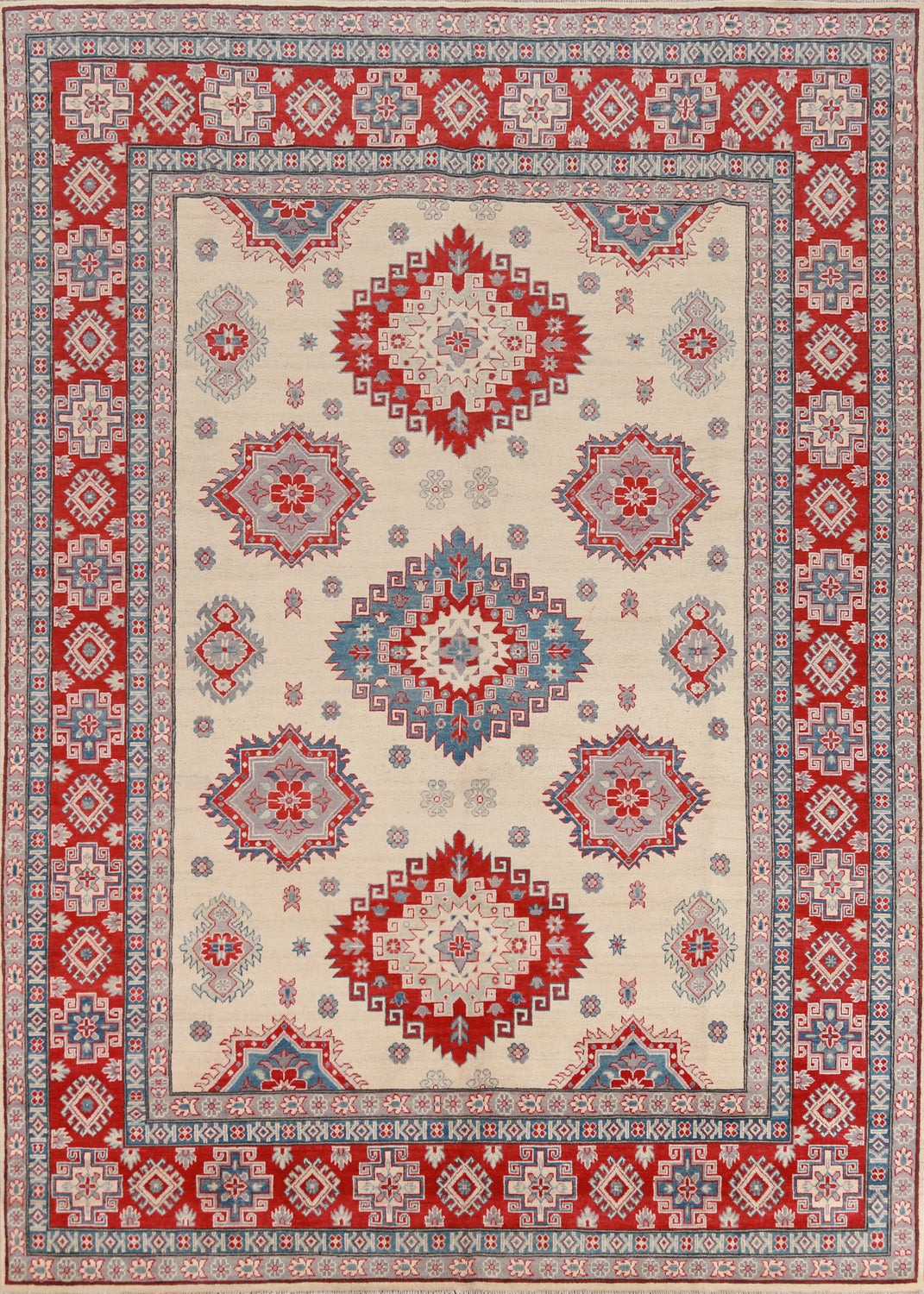 Vegetable Dye Ivory Wool Kazak Oriental Area Rug 8x11