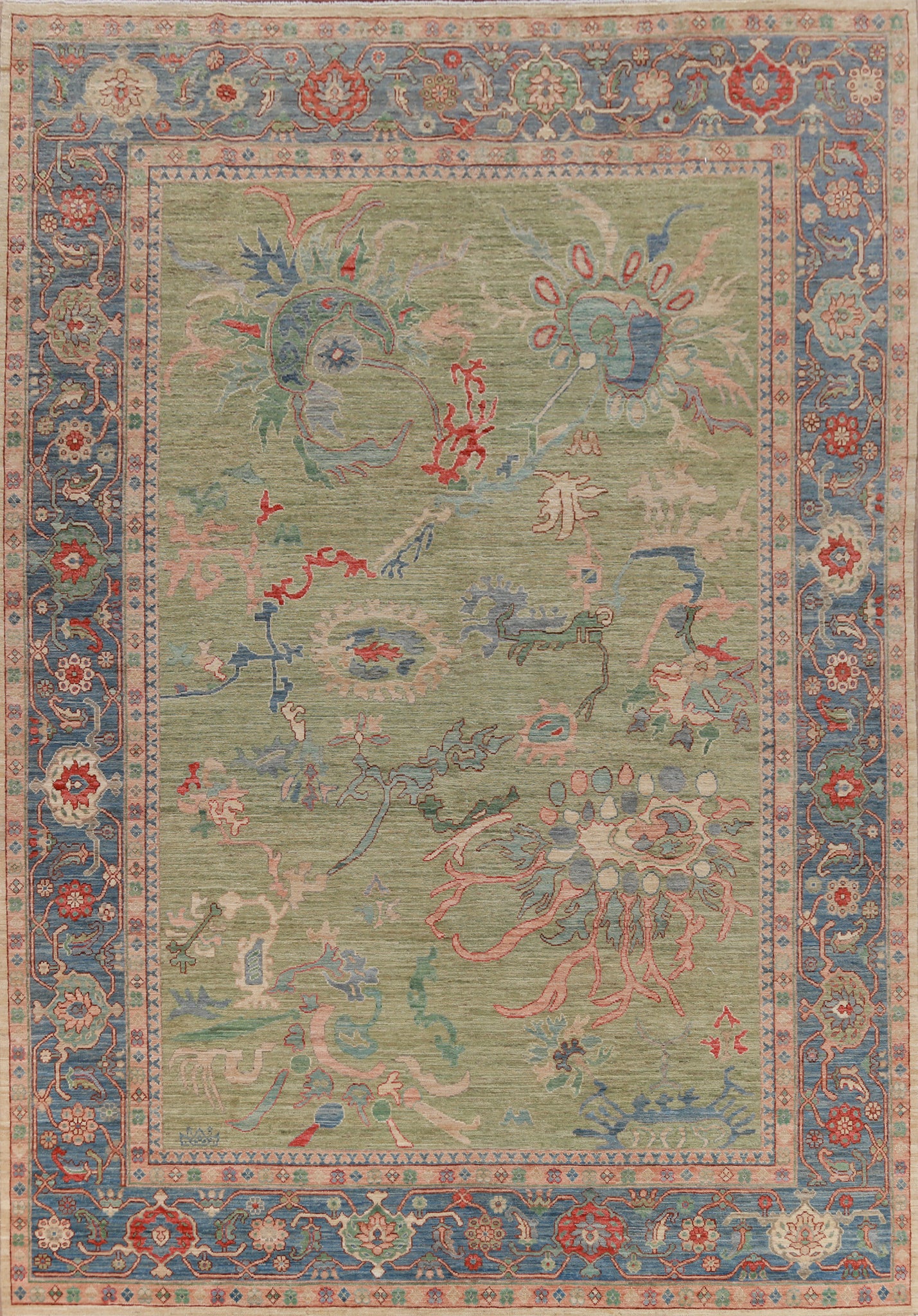 Vegetable Dye Green Oushak Turkish Area Rug 10x12