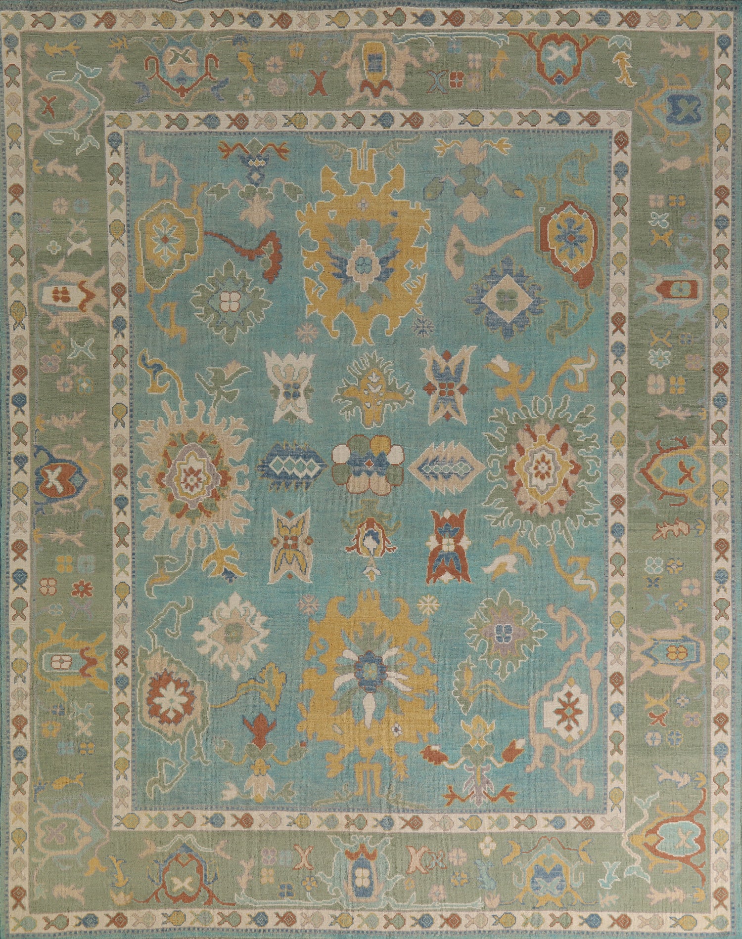 Turquoise Blue Floral Oushak Vegetable Dye Area Rug 8x10