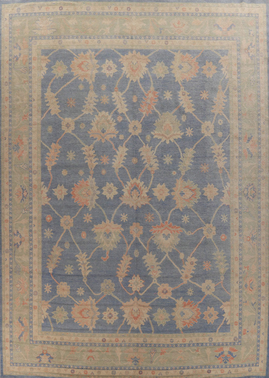 Vegetable Dye Blue Oushak Turkish Large Rug 12x15