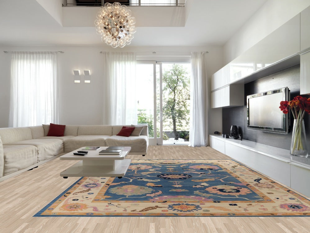 Vegetable Dye Blue Oushak Turkish Large Rug 12x16