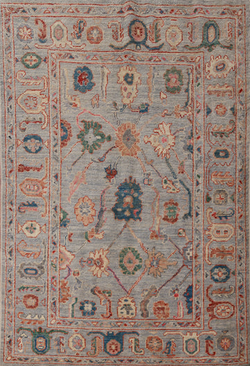 All-Over Floral Blue Oushak Vegetable Dye Rug 5x7