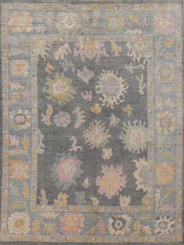 Charcoal Gray Floral Oushak Vegetable Dye Area Rug 8x10