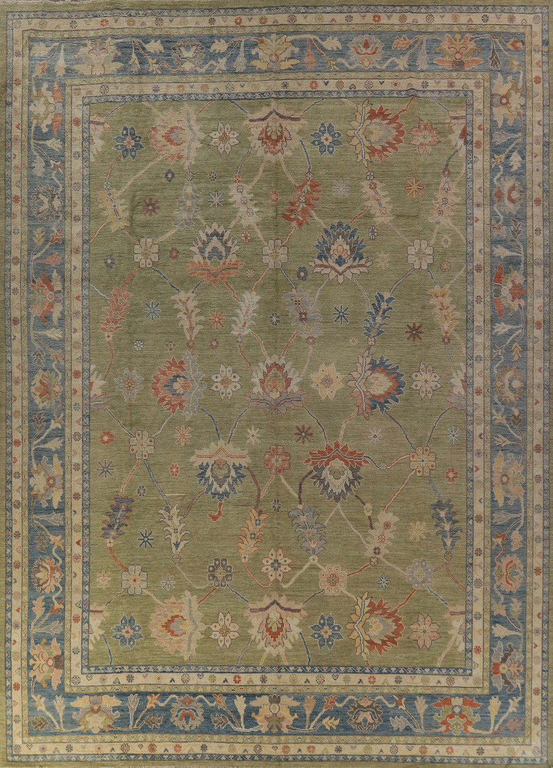 Vegetable Dye Green Oushak Turkish Large Rug 12x15