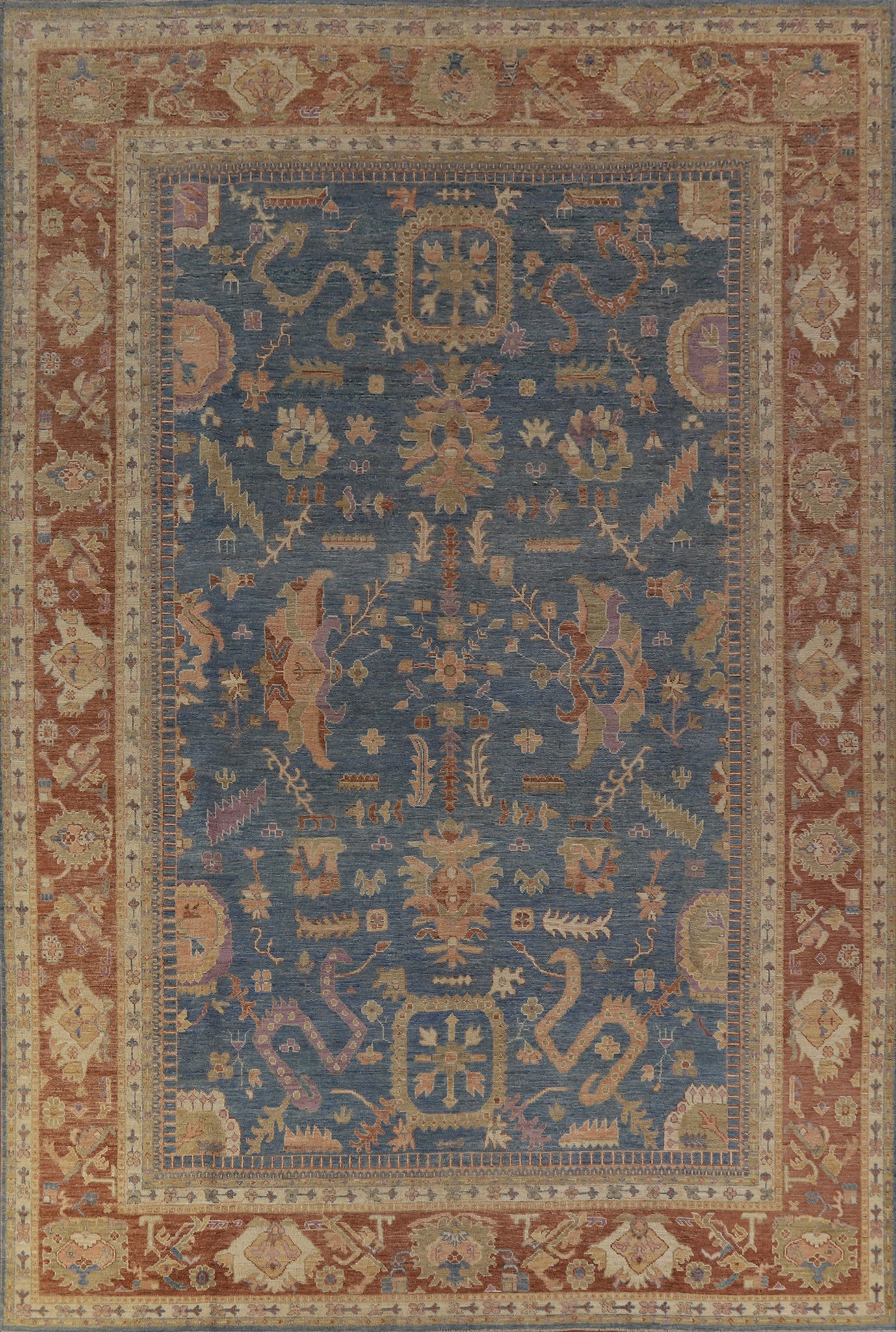 Vegetable Dye Blue Oushak Turkish Large Rug 10x14