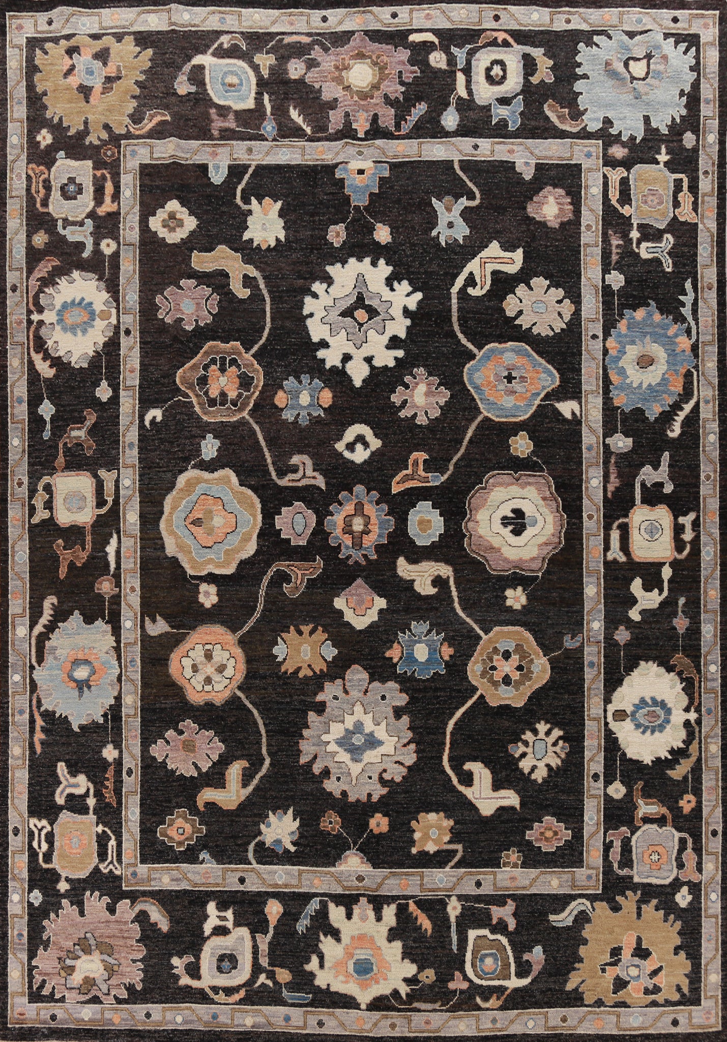 Black Floral Oushak Vegetable Dye Area Rug 9x12