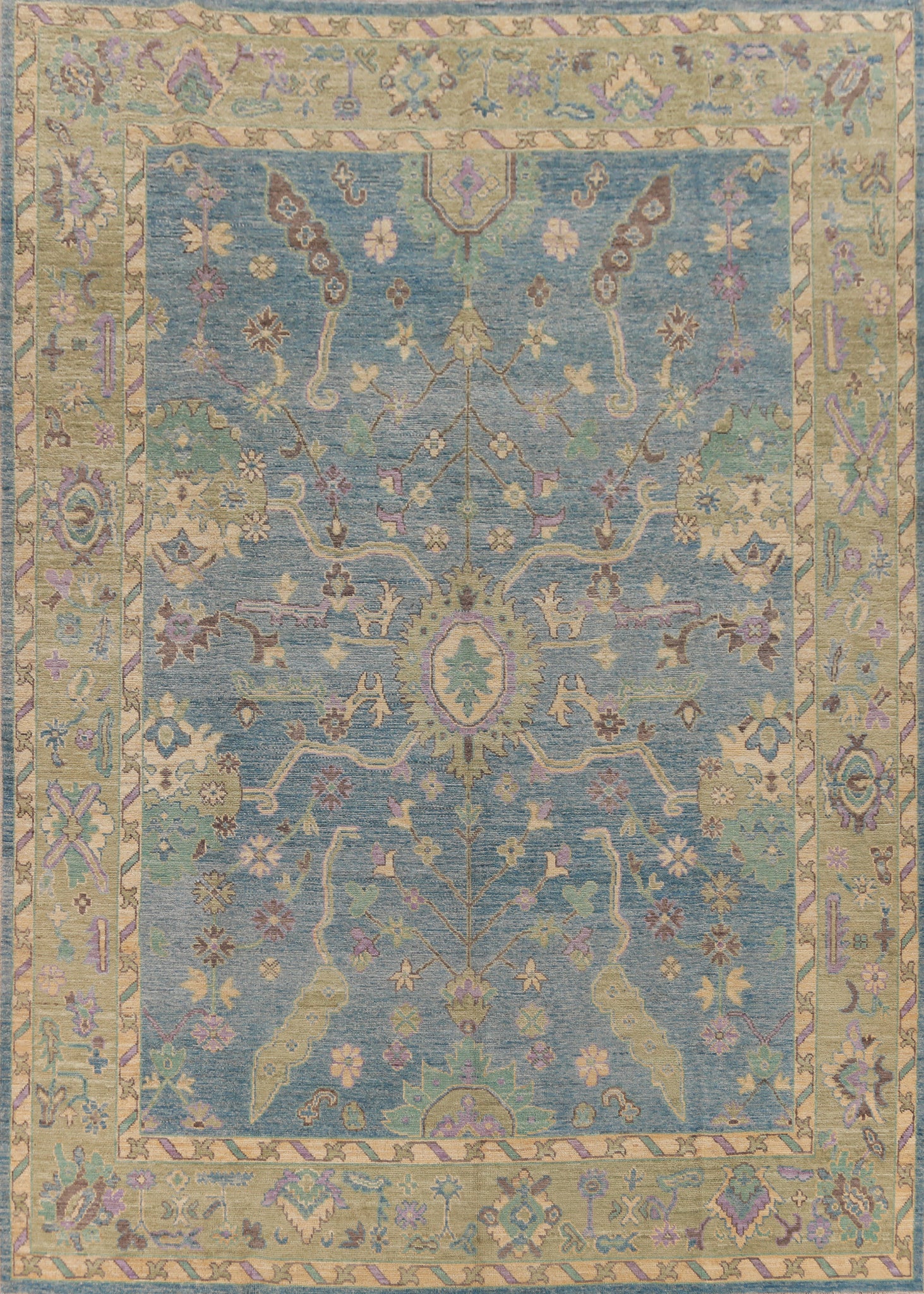 Handmade Blue Floral Oushak Vegetable Dye Area Rug 9x12