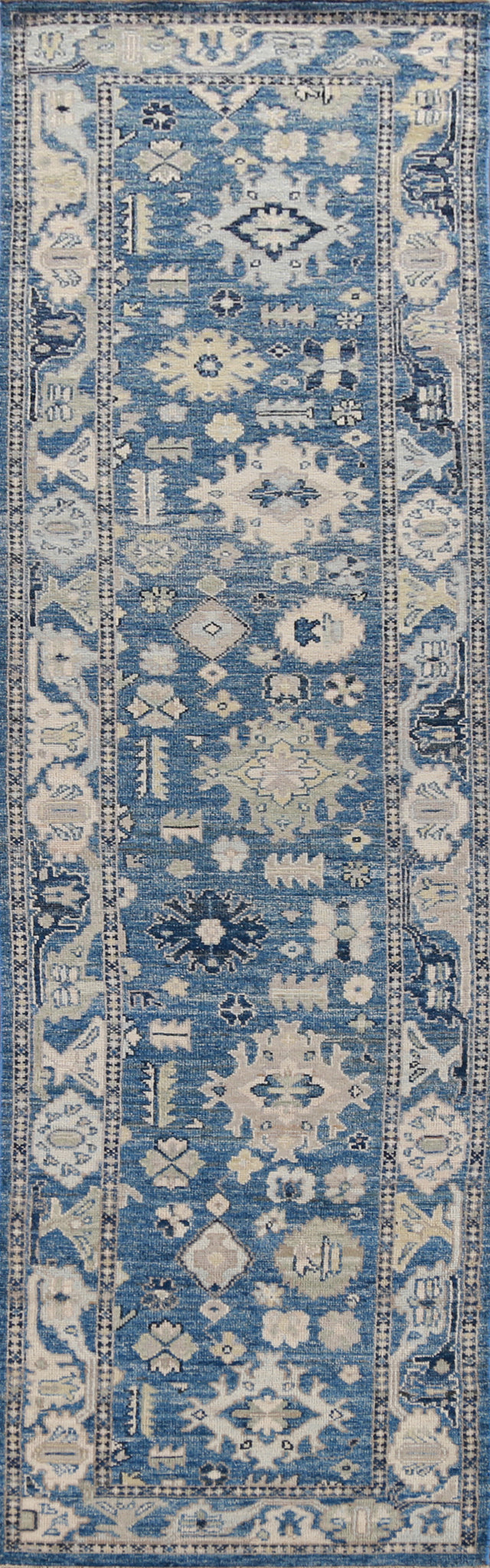 Vegetable Dye Blue Oushak Turkish Runner Rug 3x12