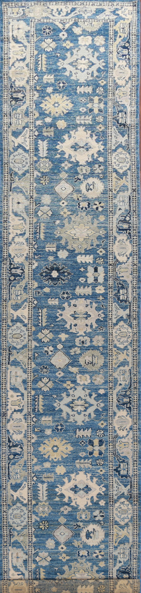 Handmade Blue Oushak Vegetable Dye Runner Rug 3x19