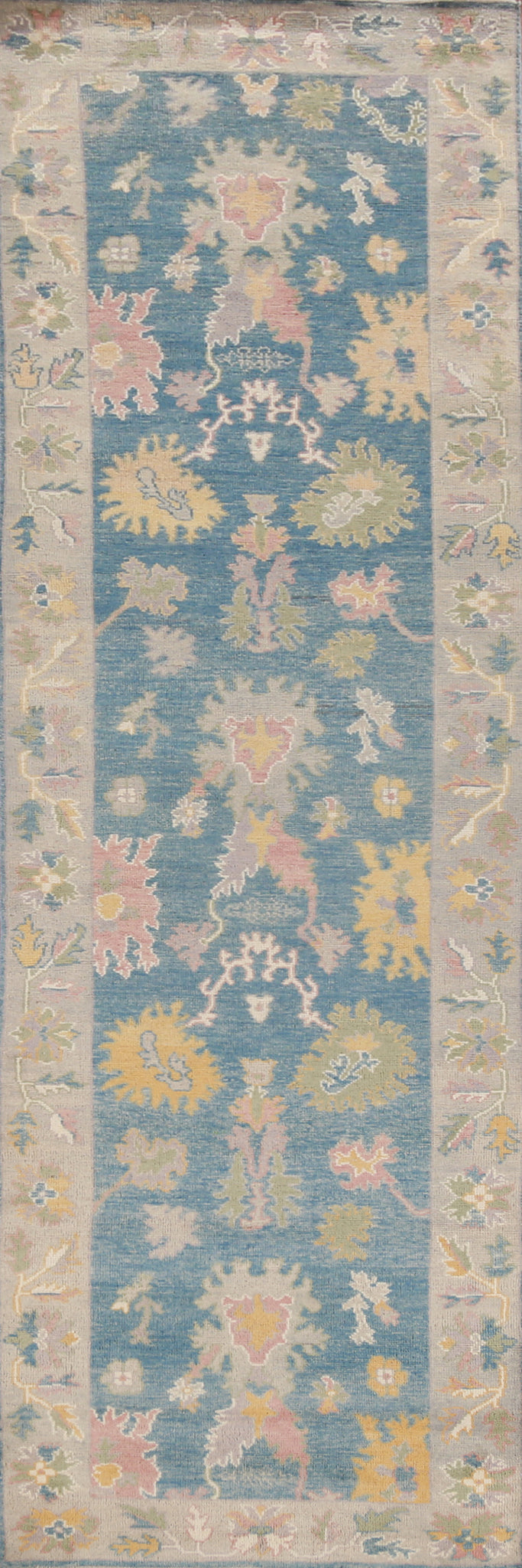 Vegetable Dye Blue Oushak Turkish Runner Rug 3x12