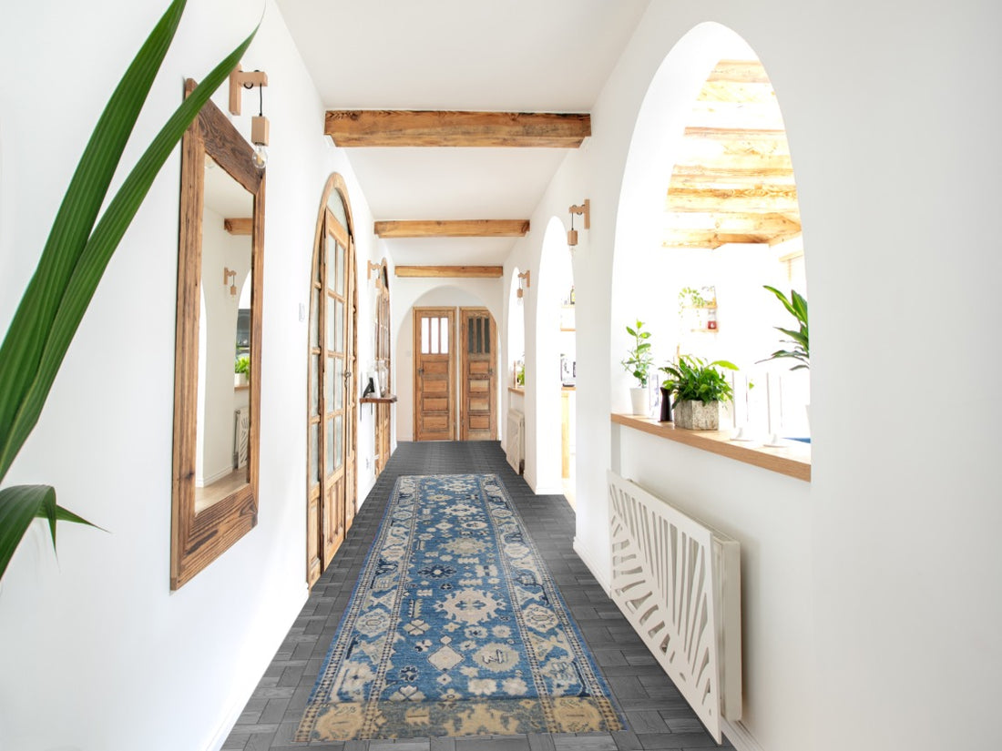 Blue Geometric Oushak Vegetable Dye Runner Rug 3x17
