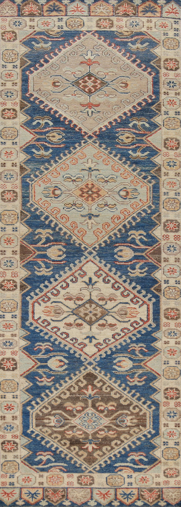 Blue Geometric Oushak Vegetable Dye Runner Rug 3x10