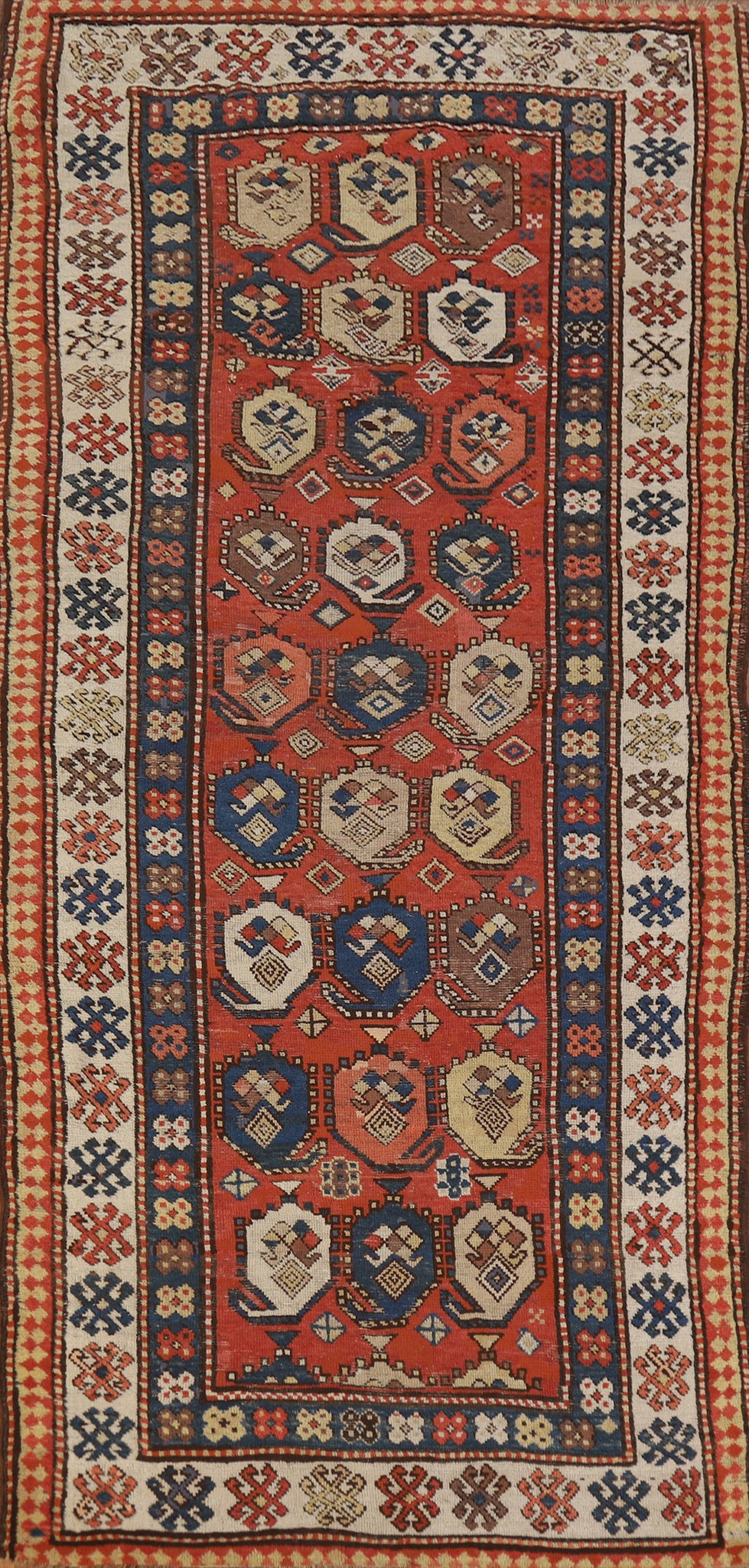 Pre-1900 Antique Wool Kazak Vegetable Dye Runner Rug 4x9
