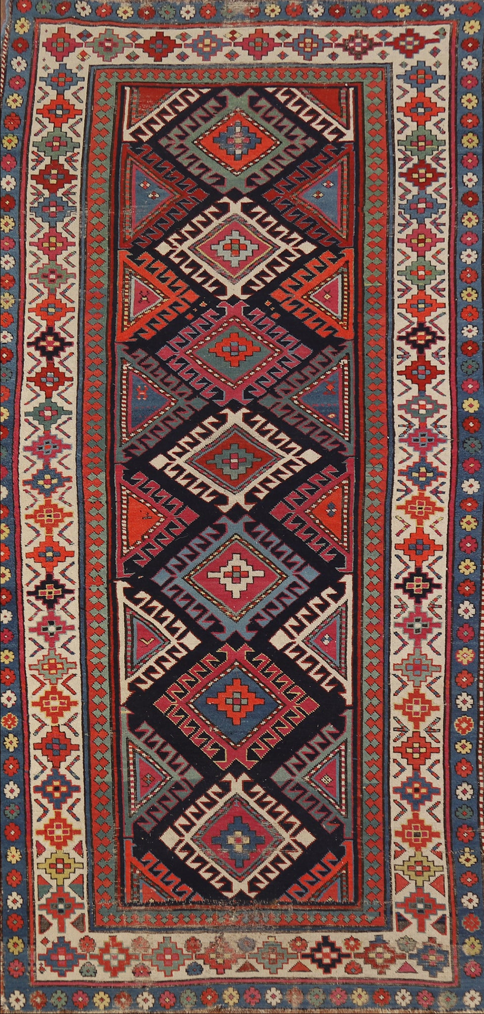 Pre-1900 Antique Kazak Vegetable Dye Runner Rug 3x7