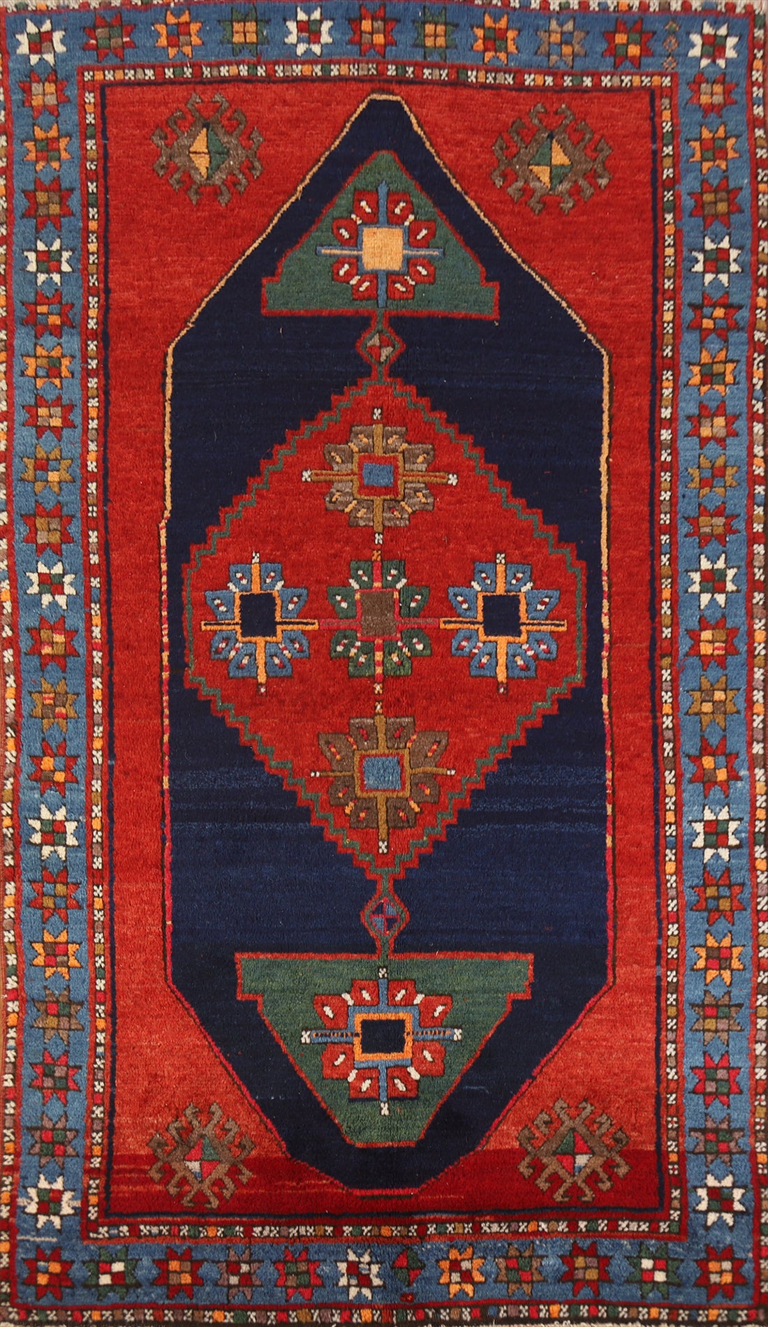 Red & Blue Vegetable Dye Wool Kazak Oriental Rug 4x7