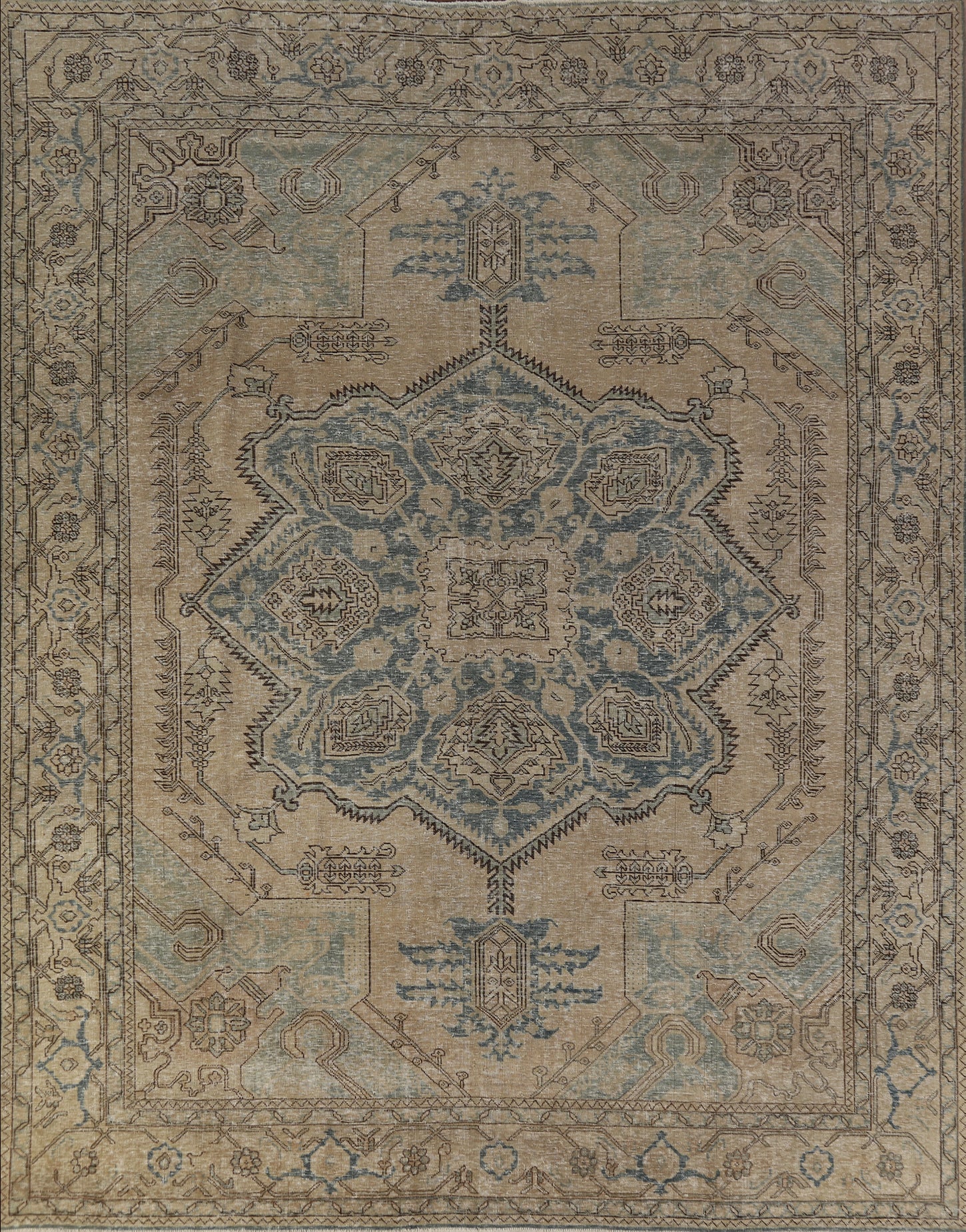 Blue Beige Geometric Distressed Heriz Persian Area Rug 8x9