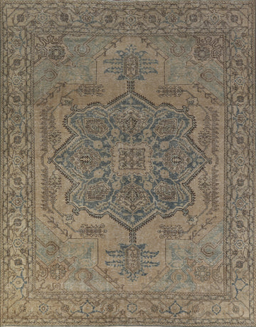 Blue Beige Geometric Distressed Heriz Persian Area Rug 8x9