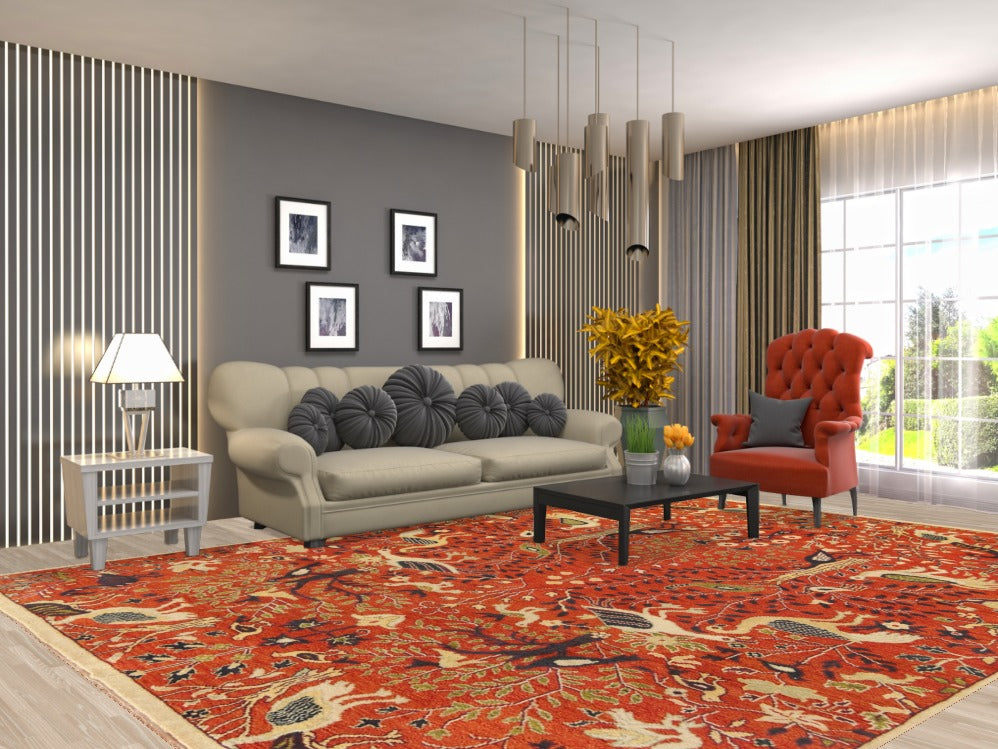 Animals Orange Wool Ziegler Area Rug 9x12