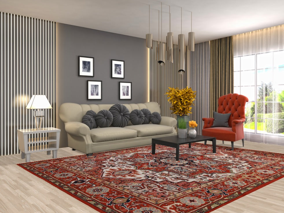 Ivory & Orange Wool Heriz Serapi Oriental Area Rug 8x10