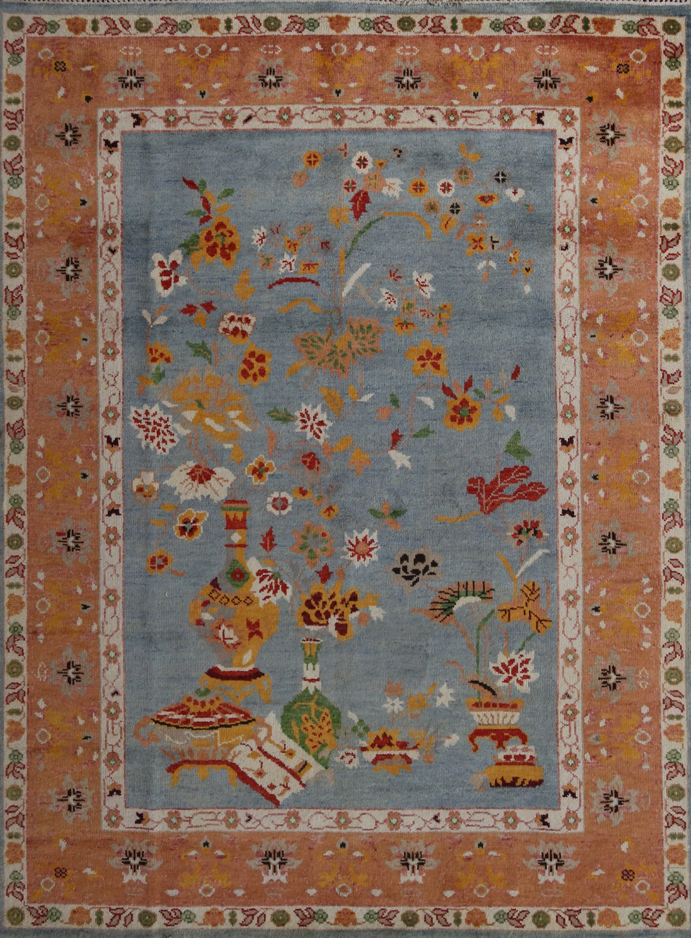 Handmade Blue Floral Art Deco Indian Area Rug 8x10