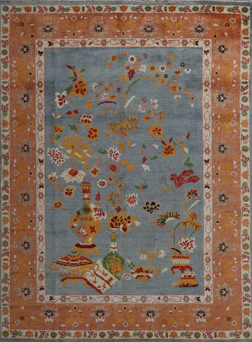 Handmade Blue Floral Art Deco Indian Area Rug 8x10