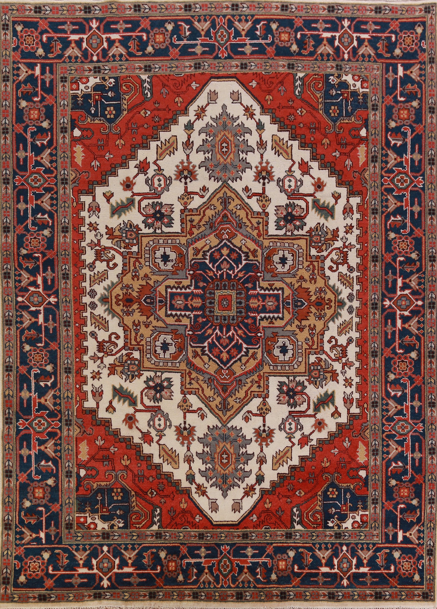 Ivory Wool Medallion Heriz Serapi Indian Area Rug 9x12