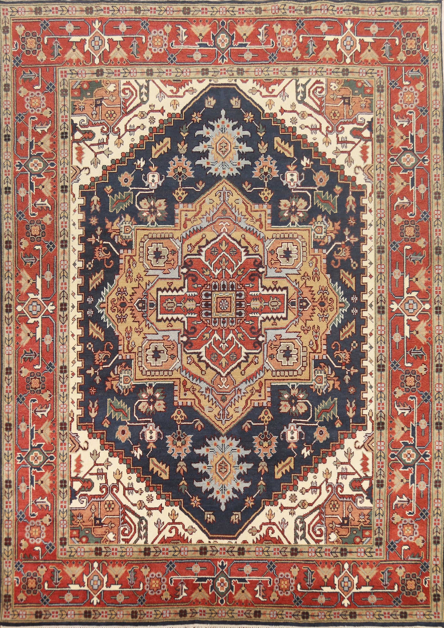 Navy Blue Medallion Wool Heriz Serapi Indian Area Rug 9x12