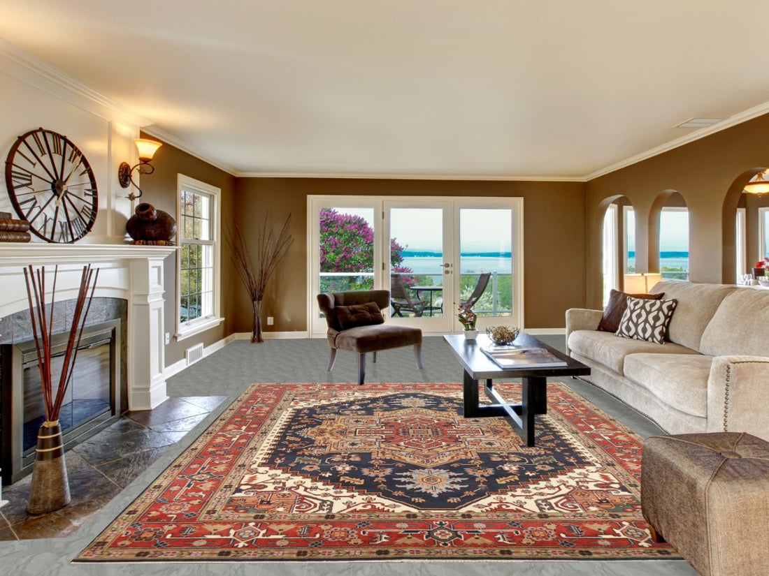 Navy Blue Medallion Wool Heriz Serapi Indian Area Rug 9x12