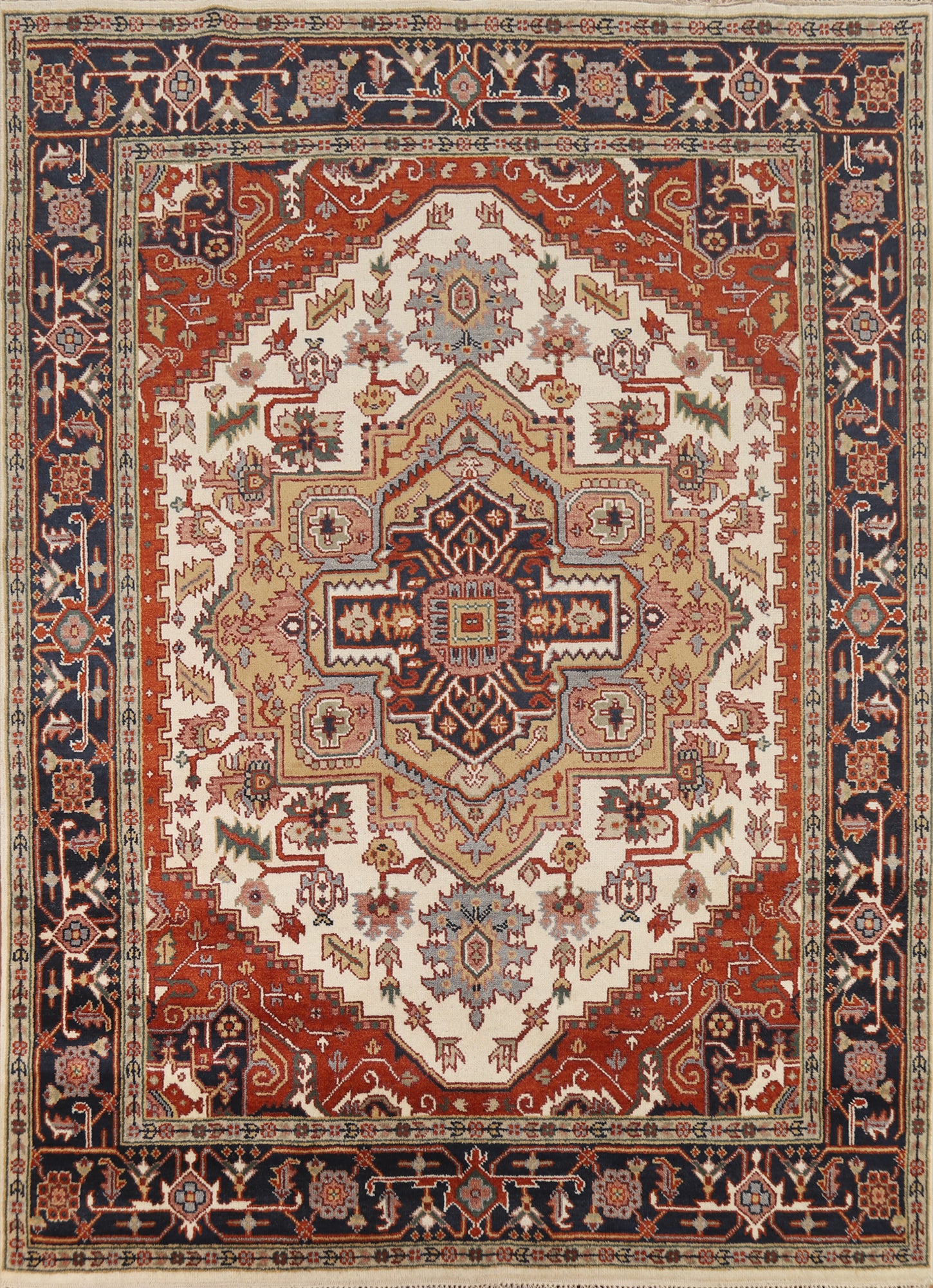 Ivory Wool Heriz Serapi Indian Area Rug 8x10
