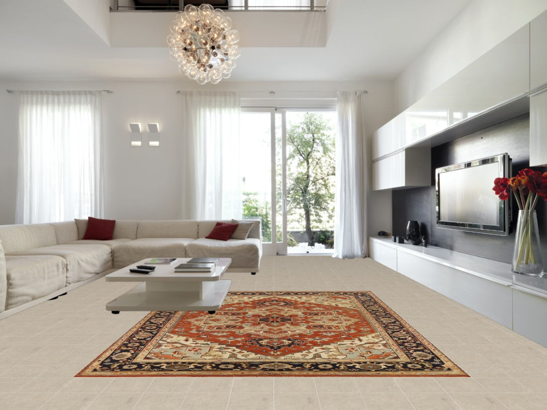 Orange Wool Geometric Heriz Serapi Indian Area Rug 9x12