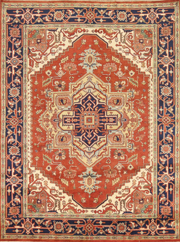 Orange Wool Geometric Heriz Serapi Indian Area Rug 8x10