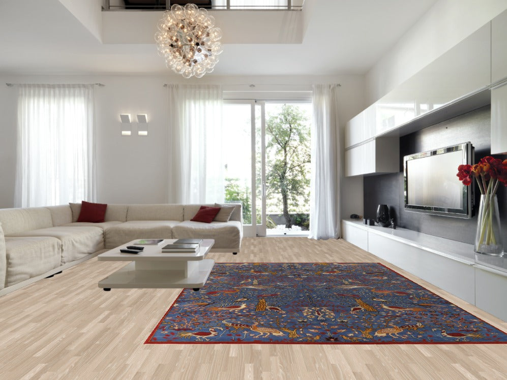 Animals Wool Design Blue Ziegler Indian Large Rug 10x14