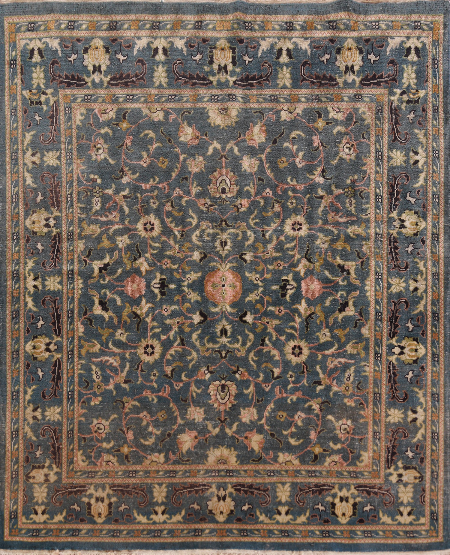 Square Floral Blue Oushak Vegetable Dye Area Rug 5x5