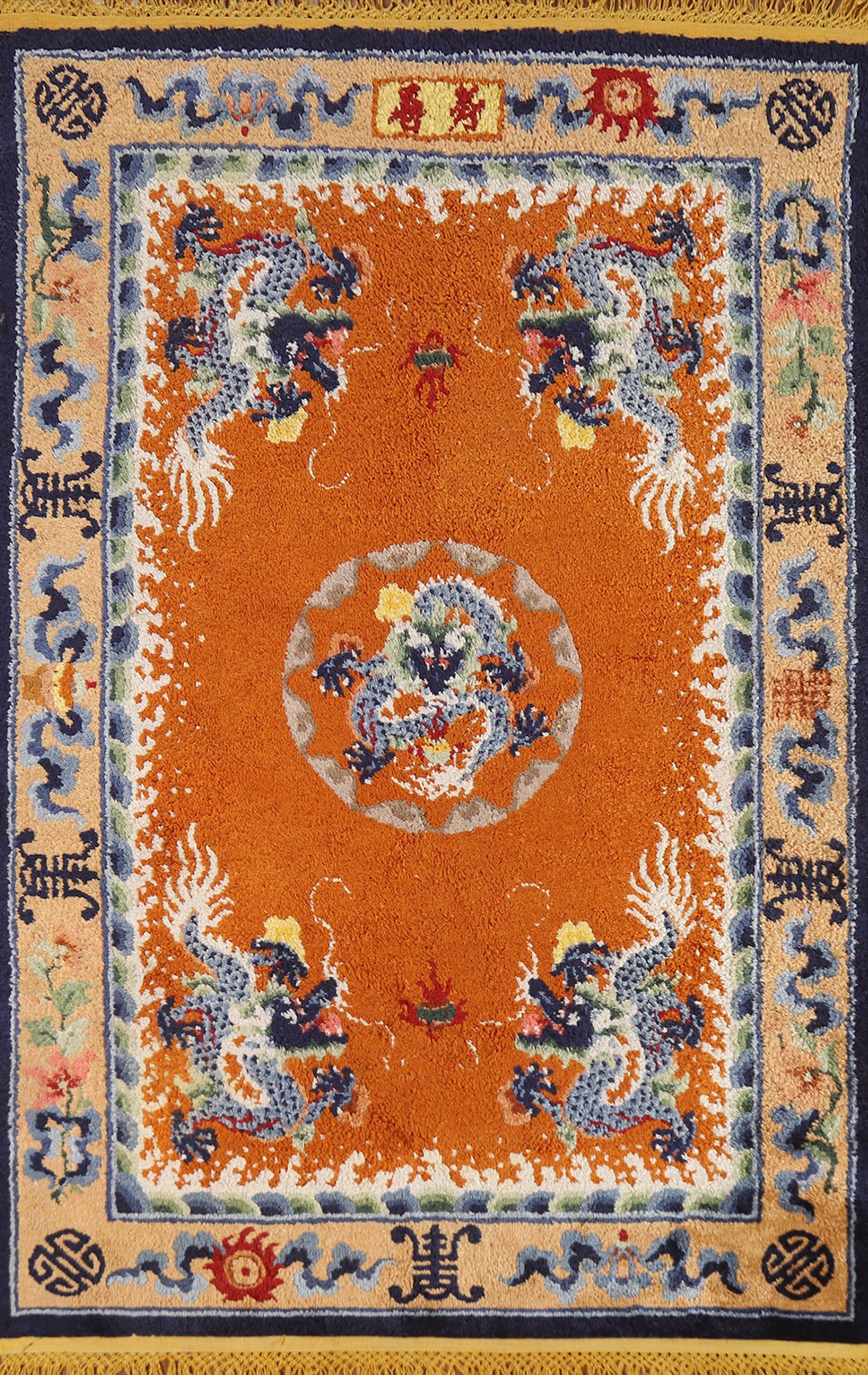 Animals Orange Art Deco Vegetable Dye Chinese Rug 4x6