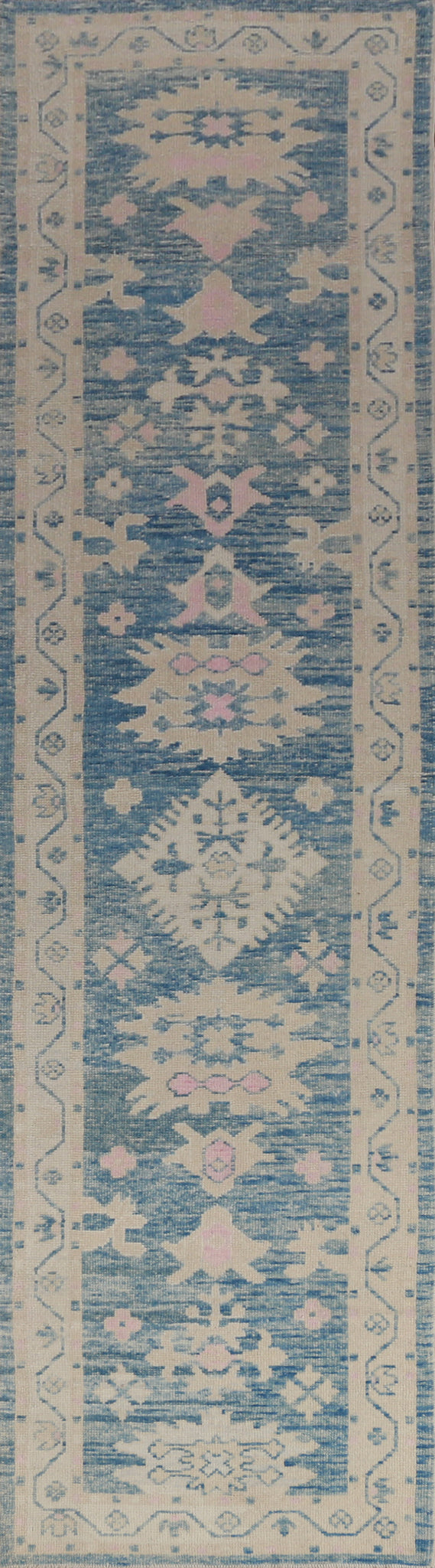 Floral Blue Handmade Oushak Vegetable Dye Runner Rug 3x14