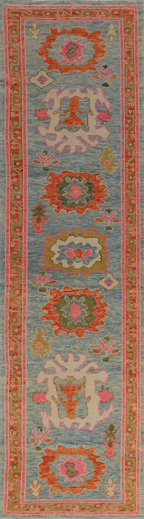 Handmade Blue Floral Oushak Vegetable Dye Runner Rug 3x13