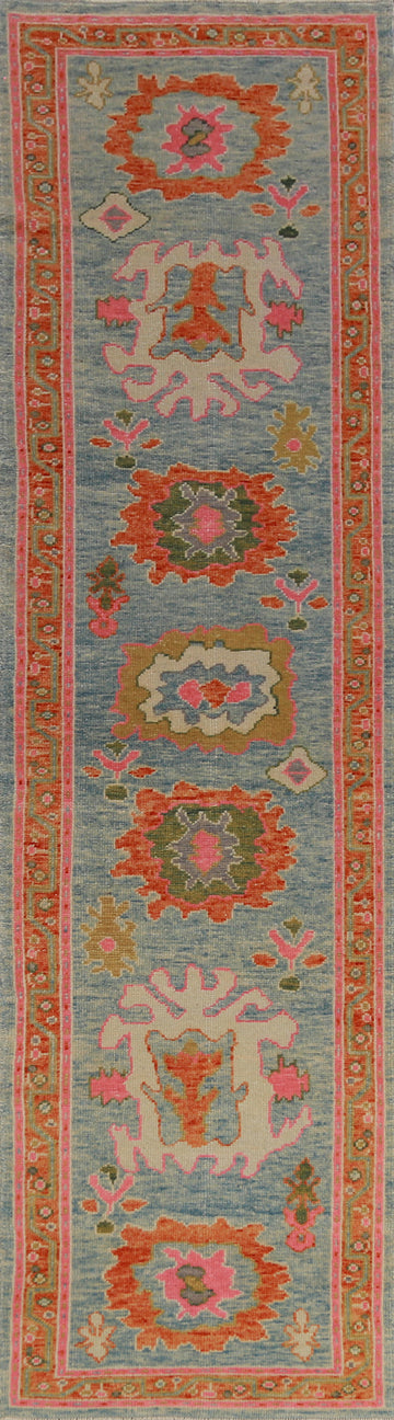 Handmade Blue Floral Oushak Vegetable Dye Runner Rug 3x13