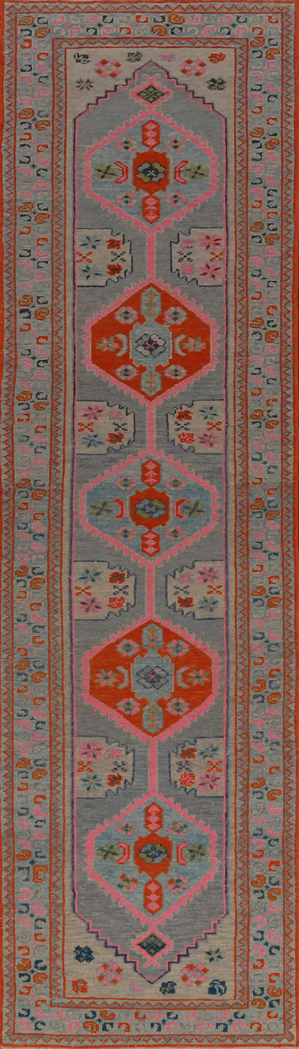 Geometric Blue Vegetable Dye Oushak Turkish Runner Rug 3x14
