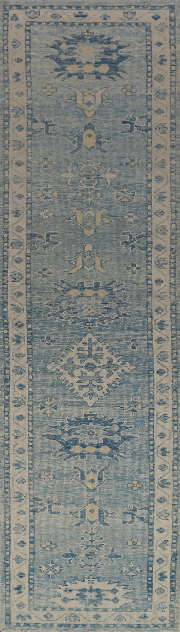 Handmade Blue Oushak Vegetable Dye Runner Rug 3x14