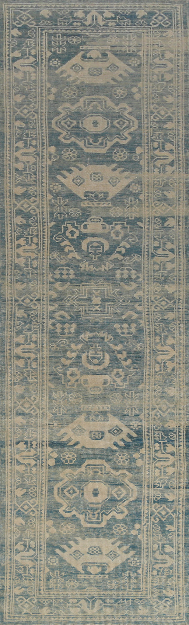 Blue Geometric Oushak Vegetable Dye Runner Rug 3x14