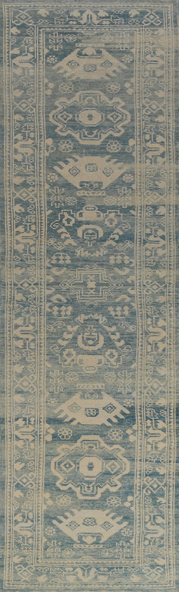 Blue Geometric Oushak Vegetable Dye Runner Rug 3x14