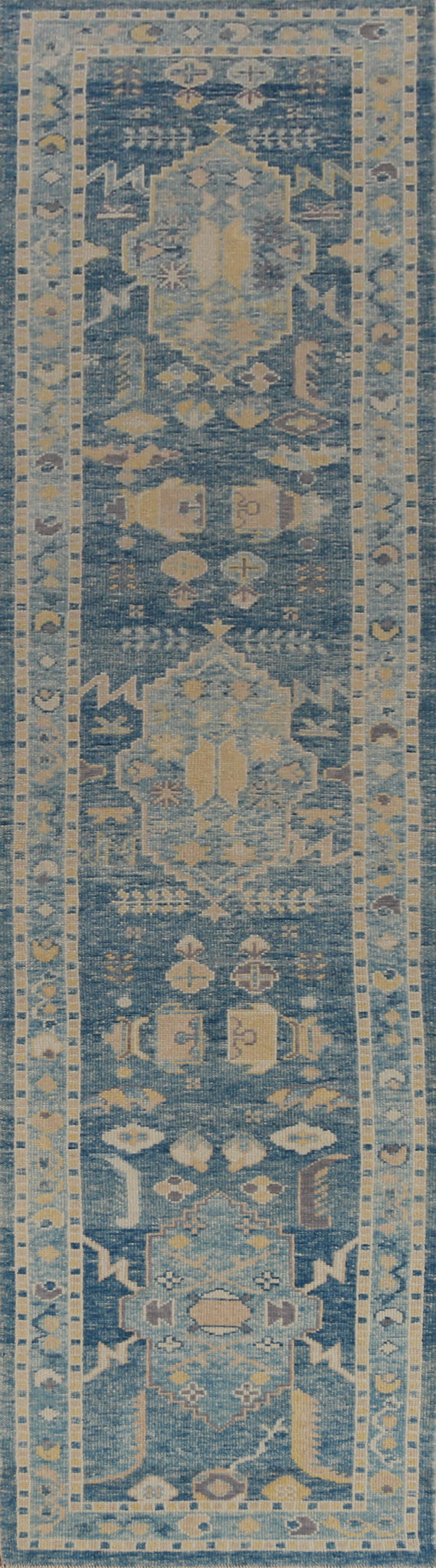 Vegetable Dye Blue Oushak Turkish Runner Rug 3x14