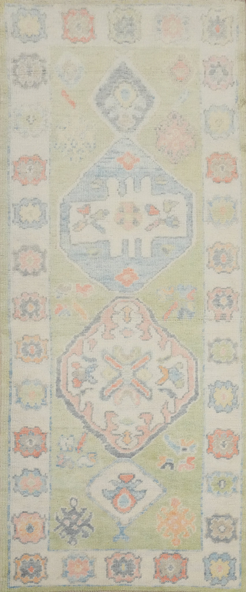 Handmade Green Oushak Vegetable Dye Runner Rug 3x8