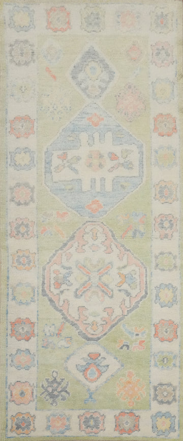 Handmade Green Oushak Vegetable Dye Runner Rug 3x8