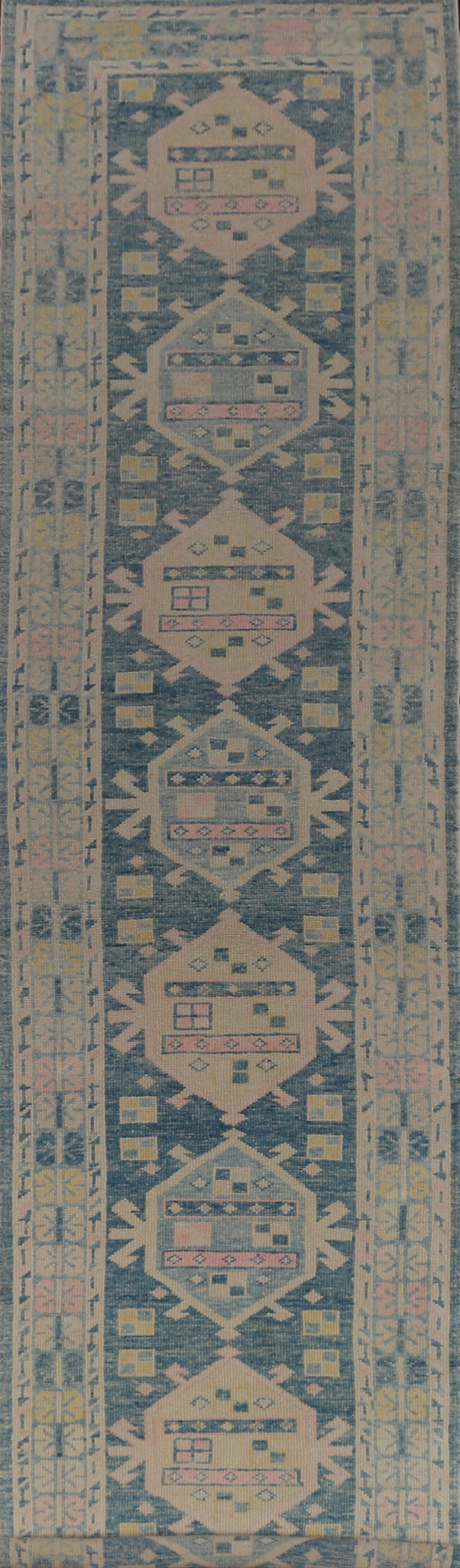 Blue Geometric Oushak Vegetable Dye Runner Rug 3x17