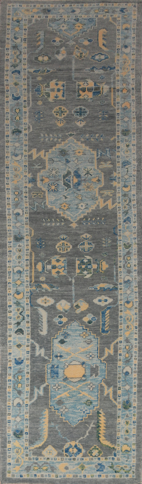 Vegetable Dye Gray Oushak Turkish Runner Rug 3x15